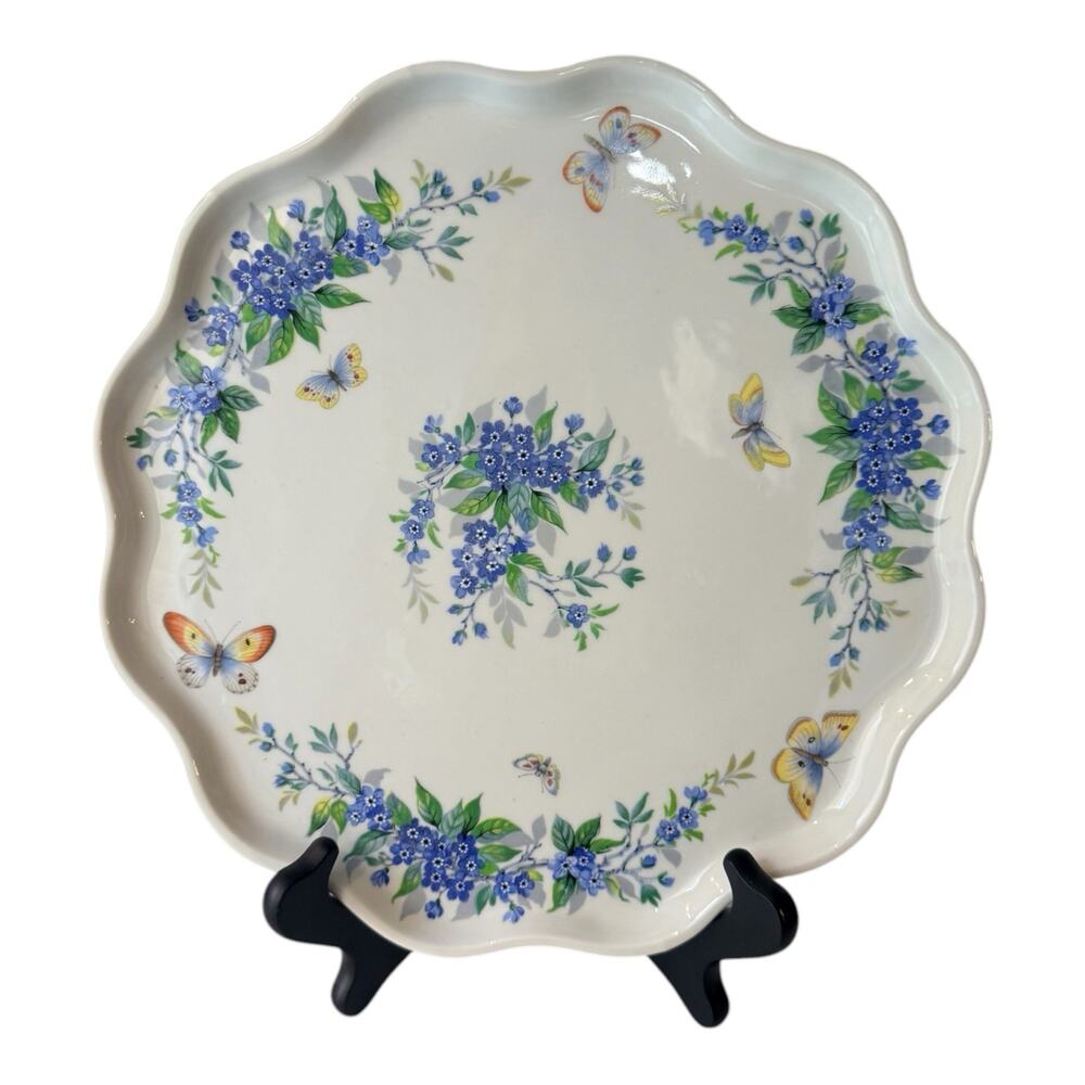 Limoges France Porcelain Scalloped Plate Blue Flowers Butterflies Floral Cabinet